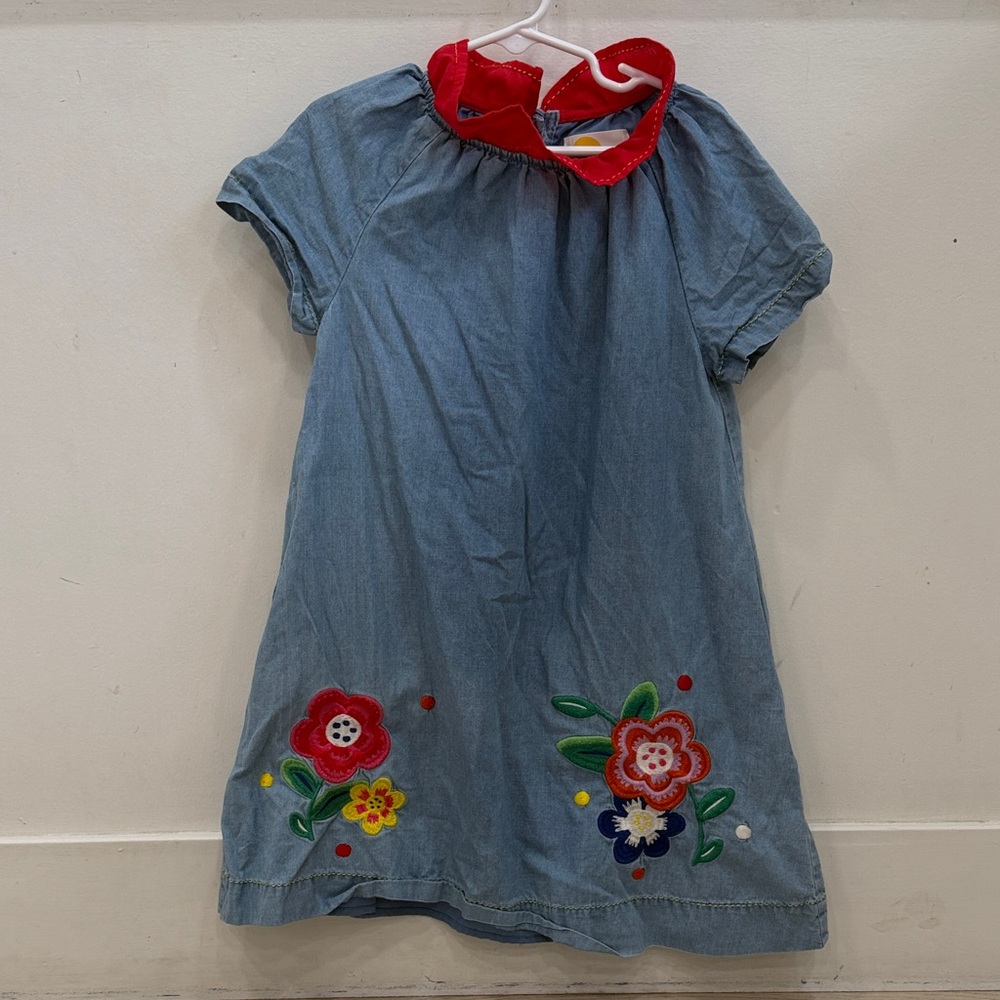 Mini Boden Blue Dress with Red Collar and Floral Embroidery